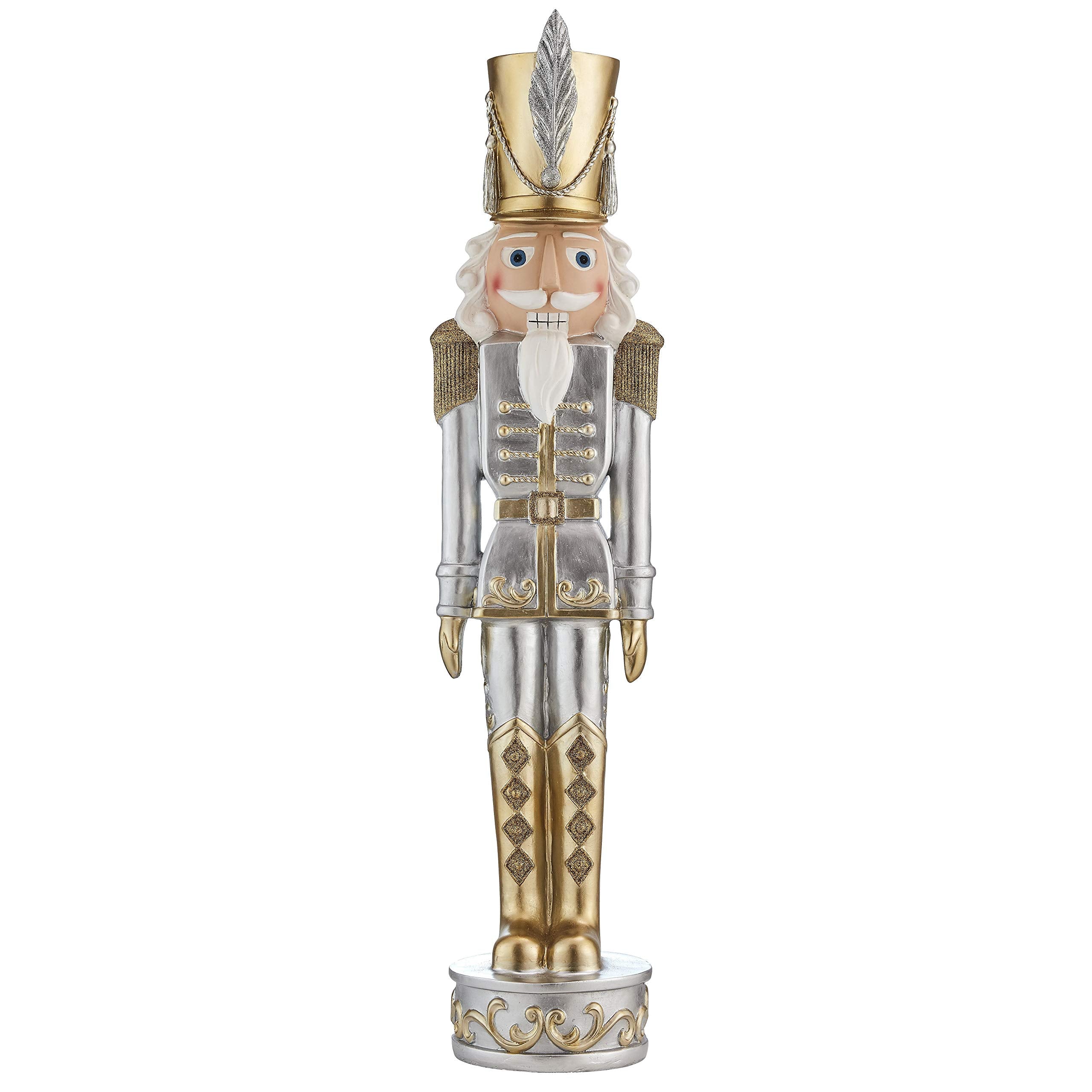 Haute Decor 37 Inch Tall Christmas Nutcracker (Silver, Gold) - Large Christmas Nutcracker for Front Porch or Interior Holiday Decor